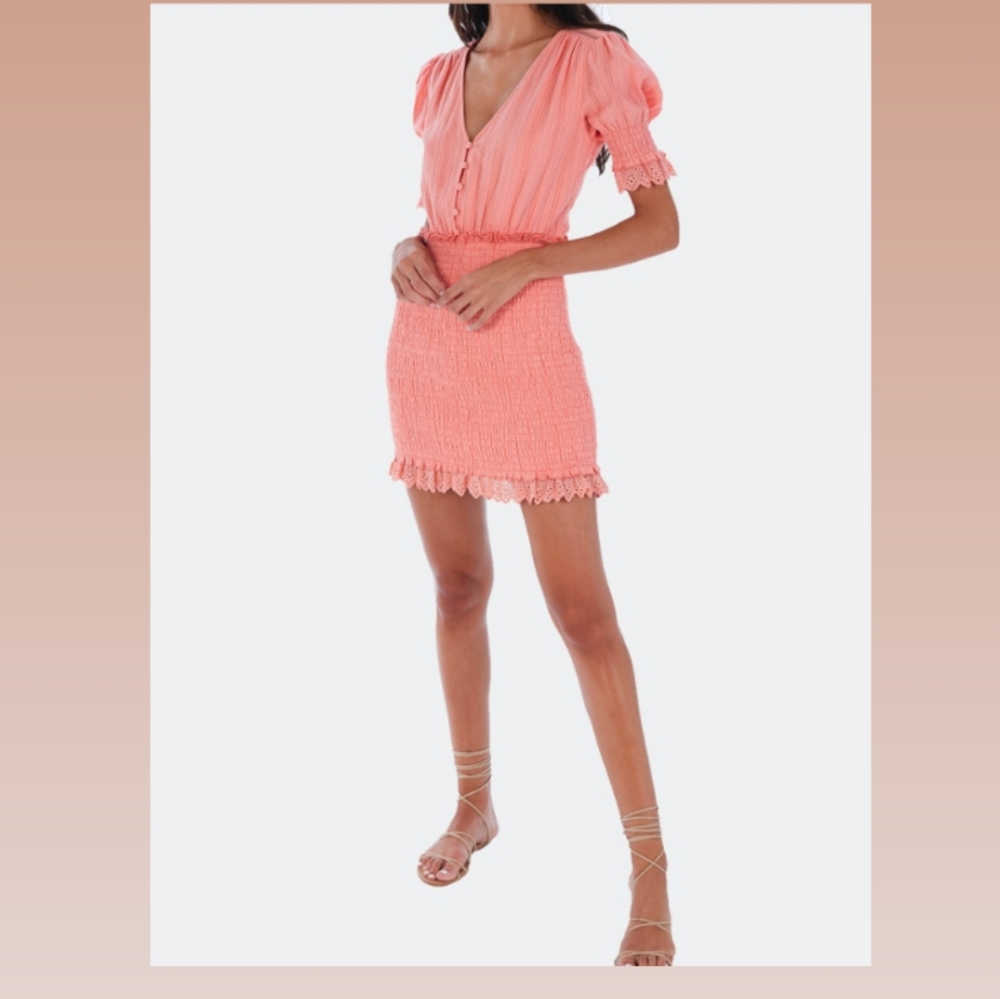NEW ALLISON NY Eyelet Smocked Coral Short Dress